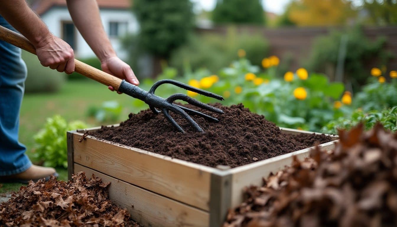 Jardinier de profil brassant un compost à la fourche près d'un tas de feuilles mortes