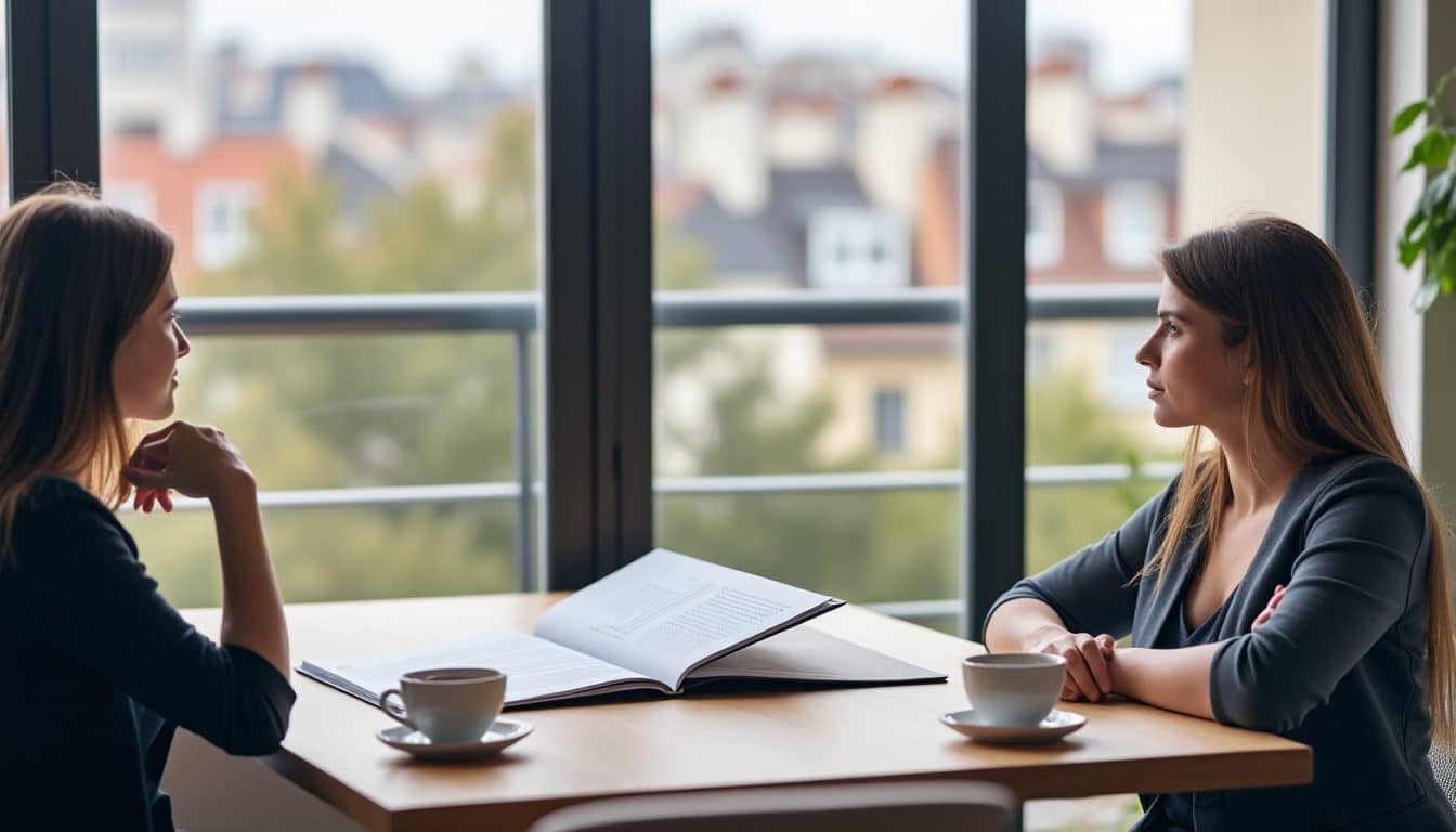 Salarié et employeur discutant de profil autour d'une table de réunion au bureau