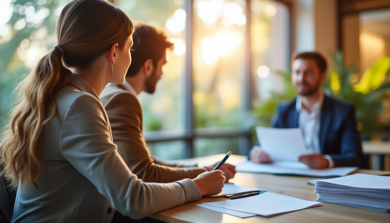 Couple de dos face à un conseiller bancaire lors d'un rendez-vous pour un prêt