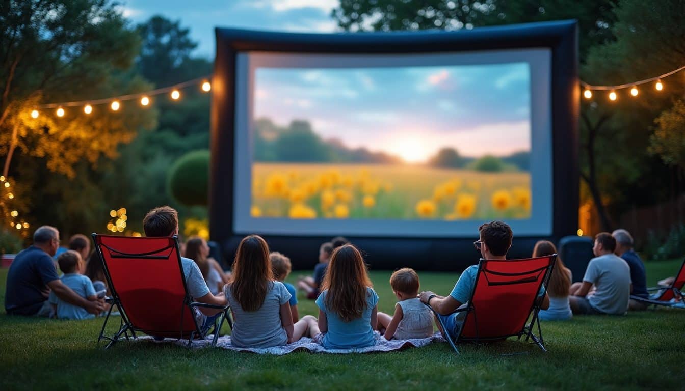 Séance de cinéma en plein air dans un jardin au crépuscule, public de dos