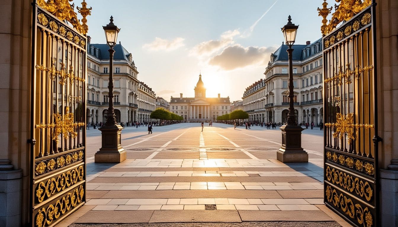 Place Stanislas à Nancy au coucher du soleil avec ses grilles dorées et quelques promeneurs