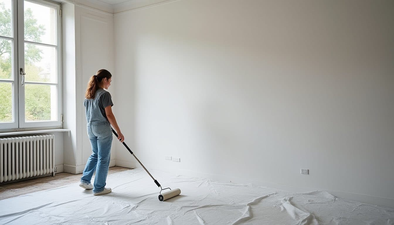 Personne de dos peignant un plafond blanc au rouleau dans une pièce vide et bâchée