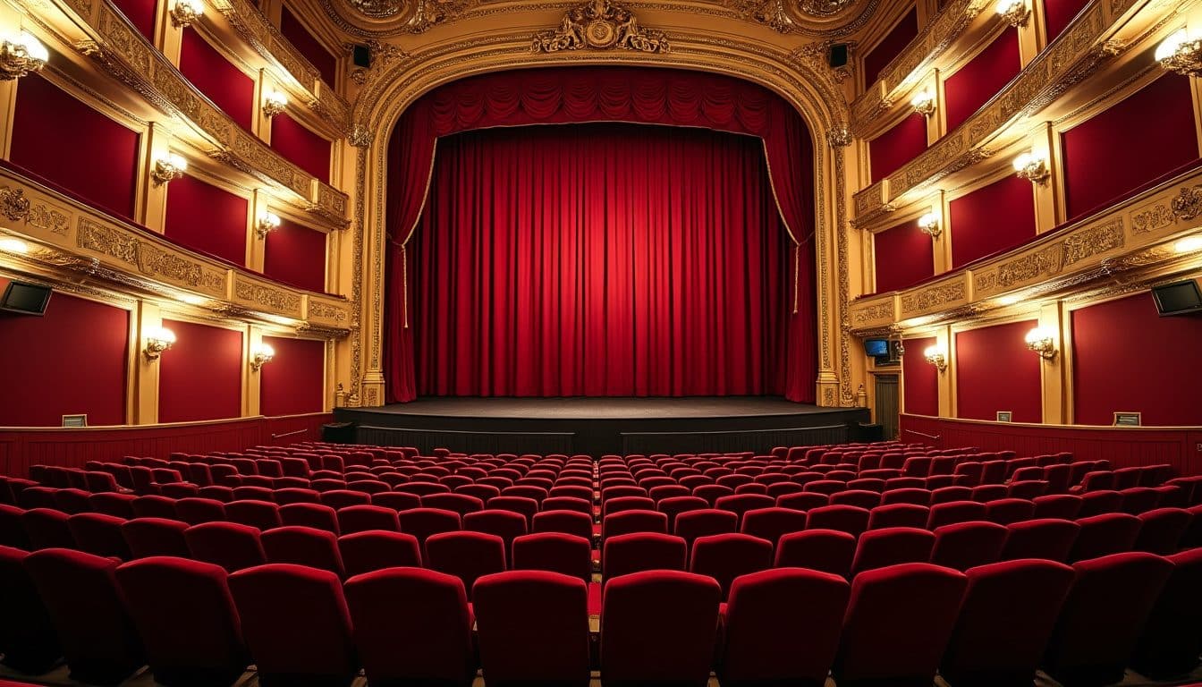 Salle de théâtre à l'italienne vide avec fauteuils en velours rouge et balcons dorés