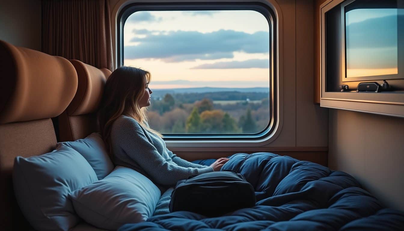Voyageur de dos dans un compartiment couchette de train de nuit, pull et duvet plié