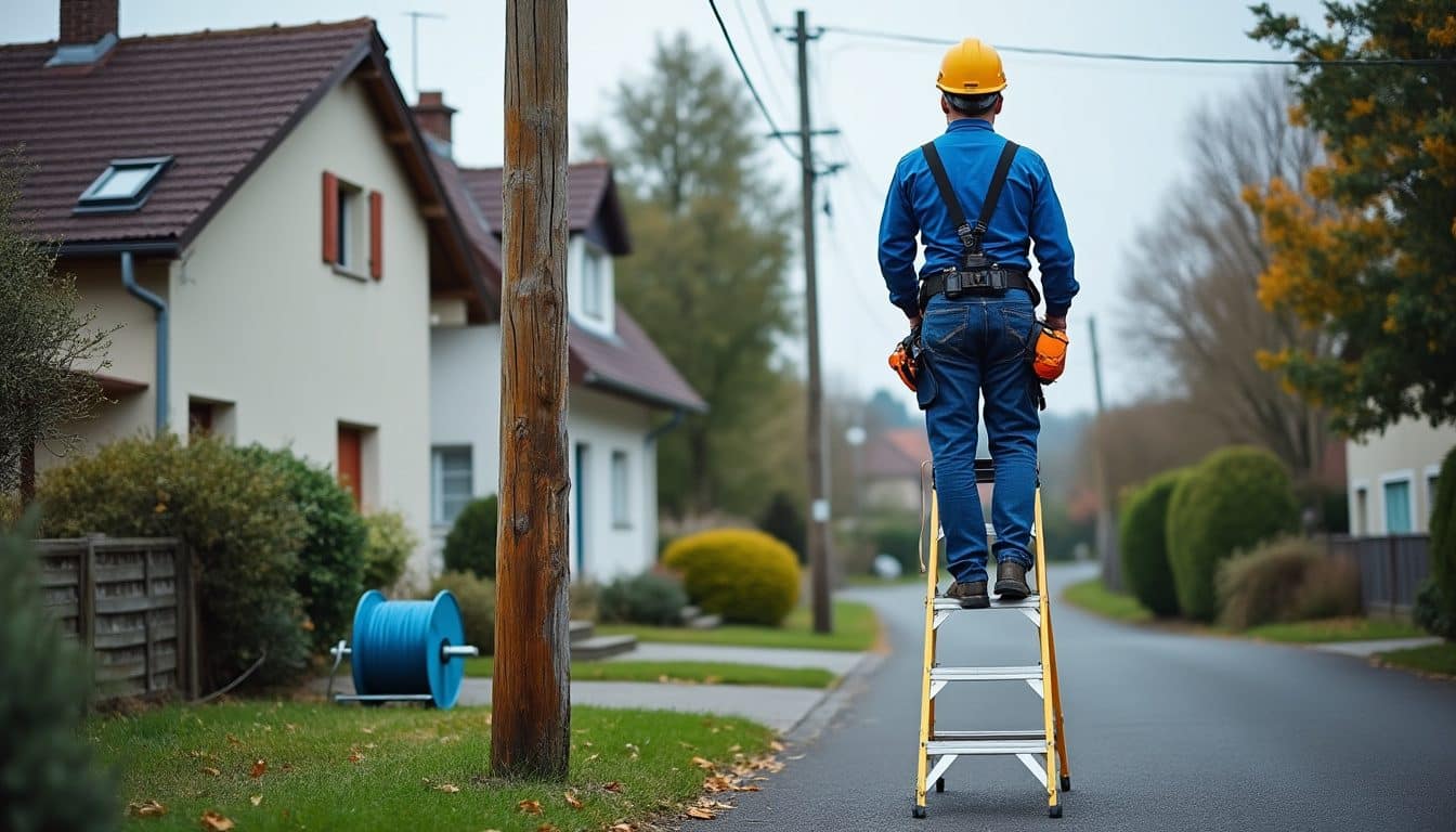 Technicien de dos installant la fibre sur un poteau devant deux maisons voisines