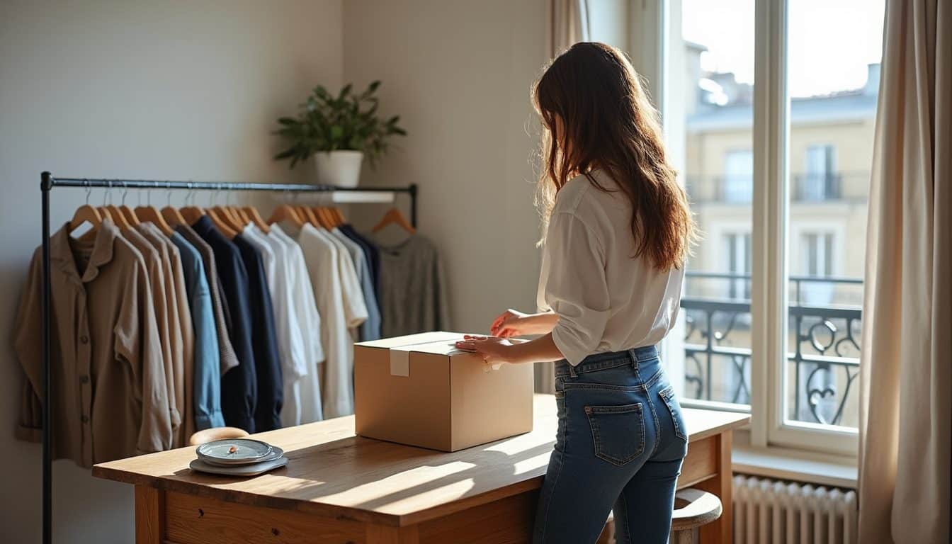 Femme de dos préparant un colis de vêtements d'occasion sur une table en bois