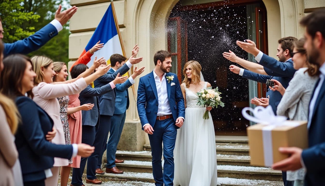 Invités de dos devant une mairie française, un paquet cadeau à la main