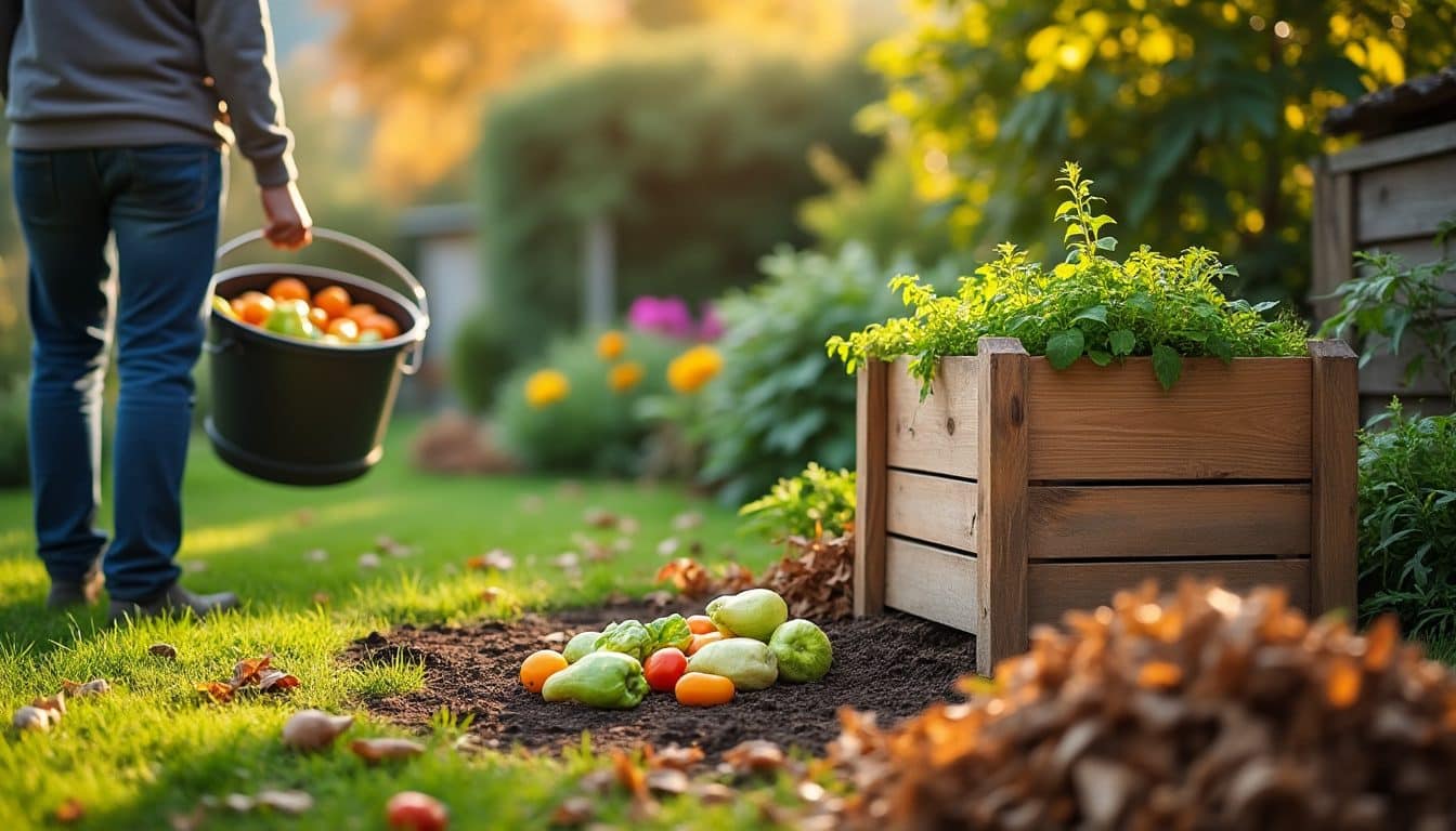 Personne de dos versant des épluchures dans un composteur en bois au fond du jardin