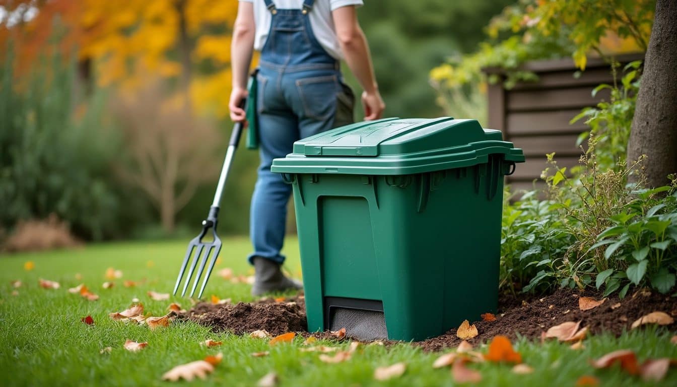 Composteur fermé posé sur un grillage métallique fin dans un coin de jardin en automne