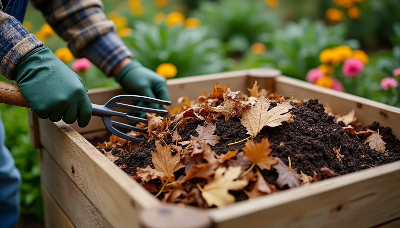Jardinier mélangeant des feuilles mortes à un compost humide dans un bac en bois