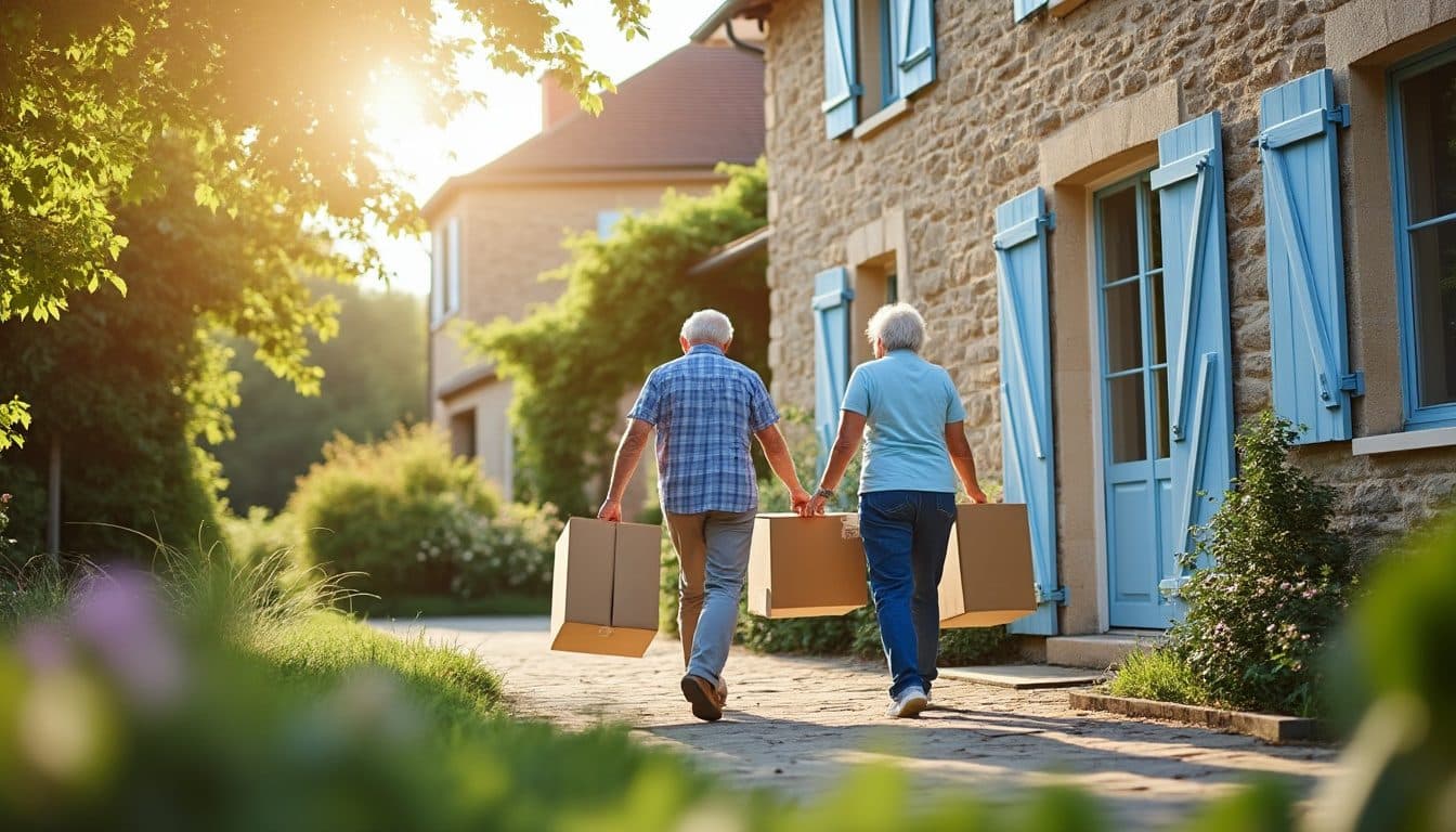 Couple de retraités de dos portant des cartons vers une petite maison de province