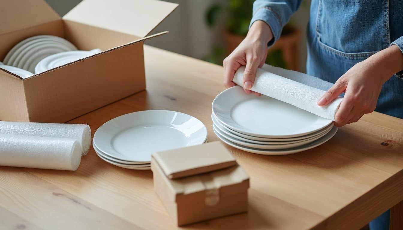 Mains emballant une assiette dans du papier, carton de vaisselle ouvert sur une table