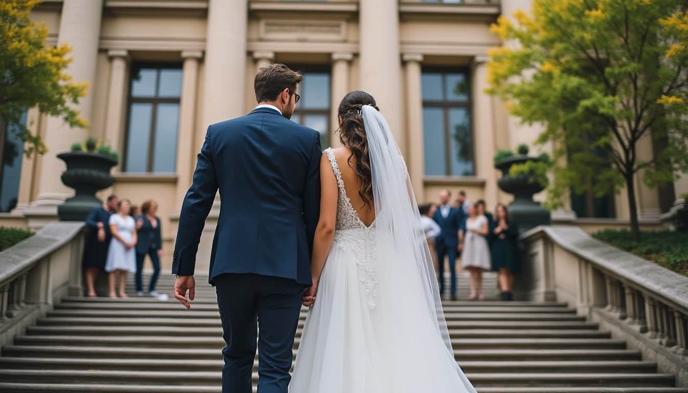 Jeunes mariés de dos descendant les marches d’une mairie avec leurs invités