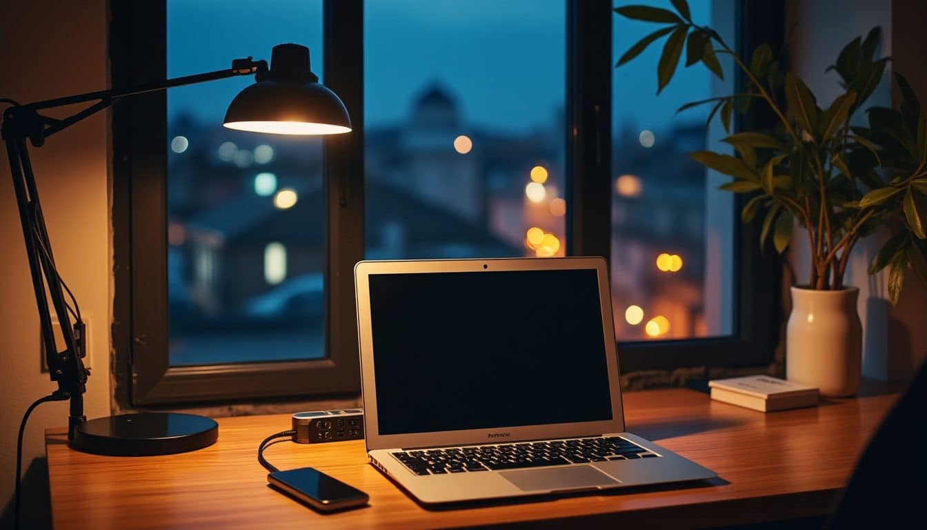 Ordinateur portable fermé sur un bureau en bois le soir, lampe éteinte et multiprise