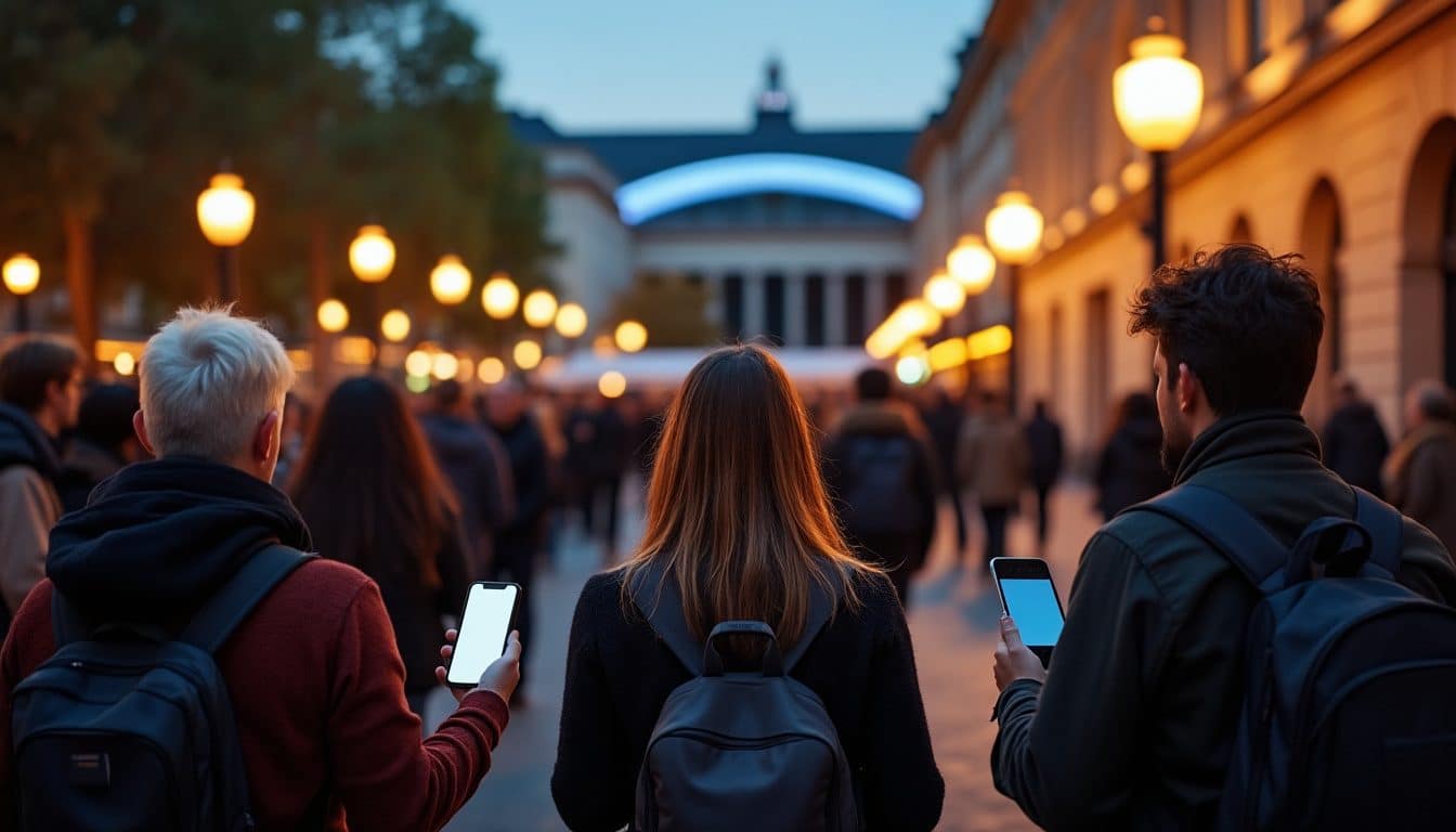 File d'attente à l'entrée d'une salle de concert, un spectateur tend son téléphone au contrôle