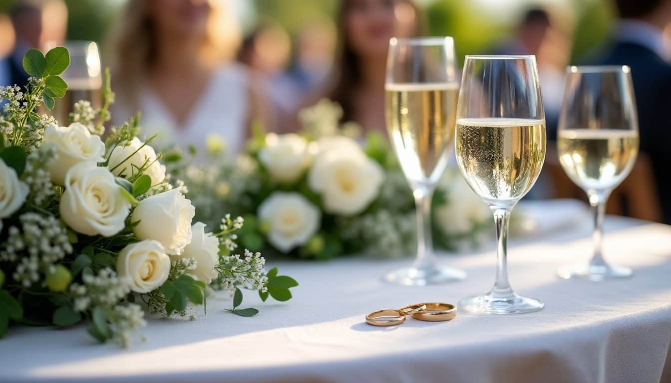 Table de vin d'honneur dressée dans le jardin d'une mairie après un mariage civil