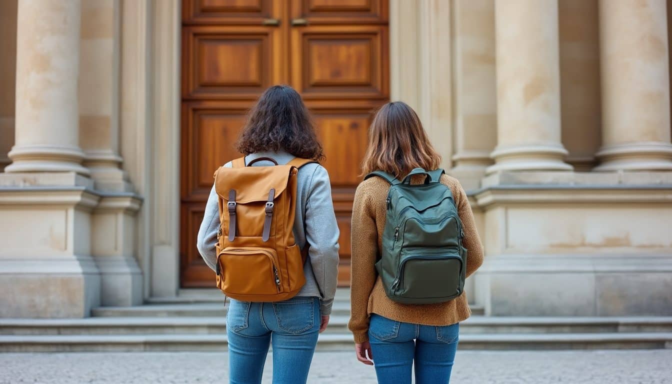 Deux visiteurs en tenue de printemps devant les portes fermées d’un musée