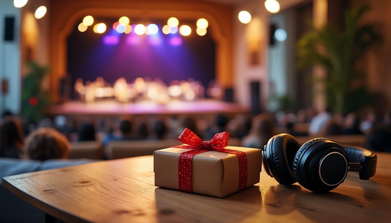 Mains tenant une enveloppe cadeau près d'un casque, scène de concert floue au fond