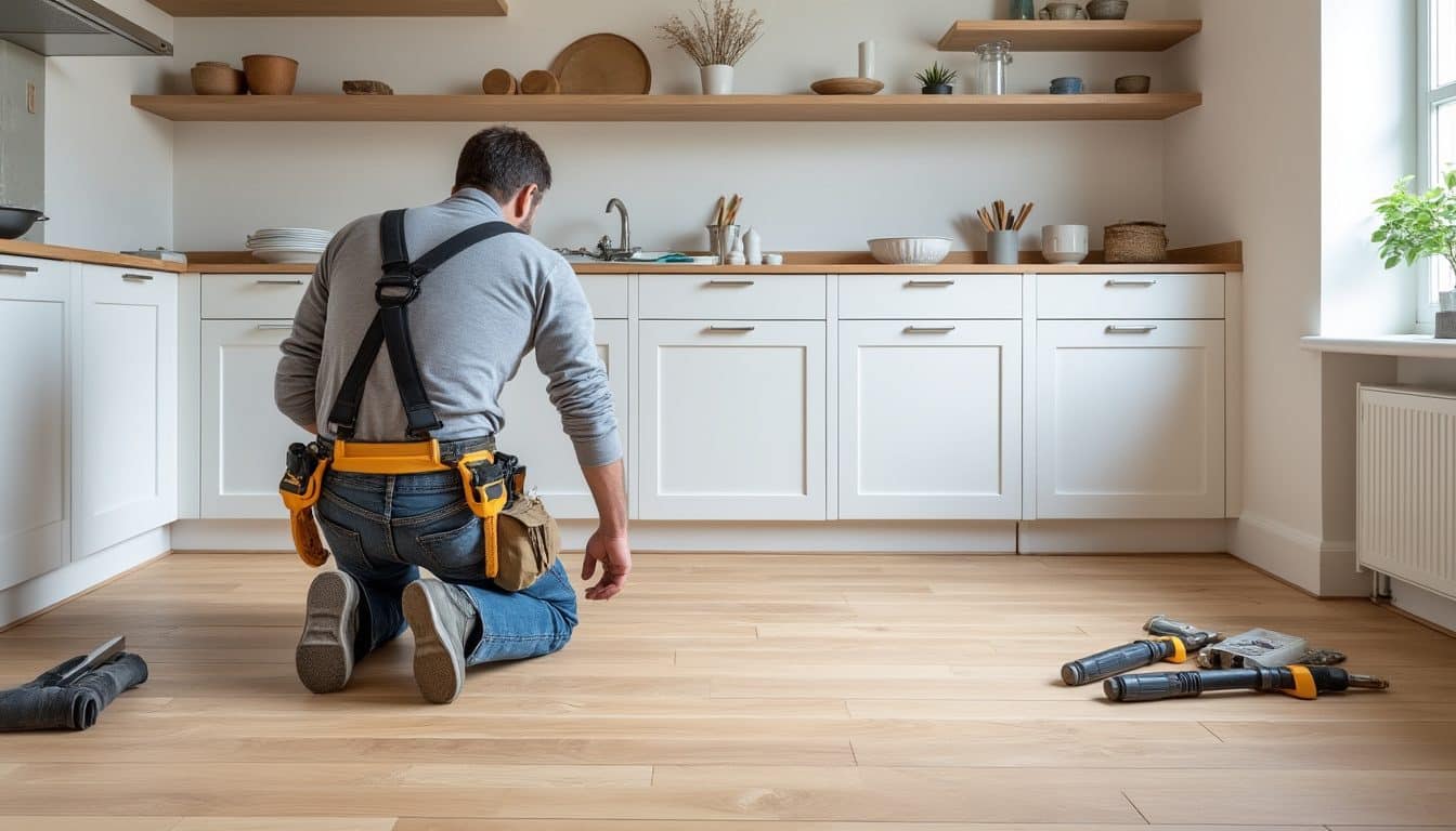 Artisan de dos posant un parquet chêne clair au pied de meubles de cuisine blancs