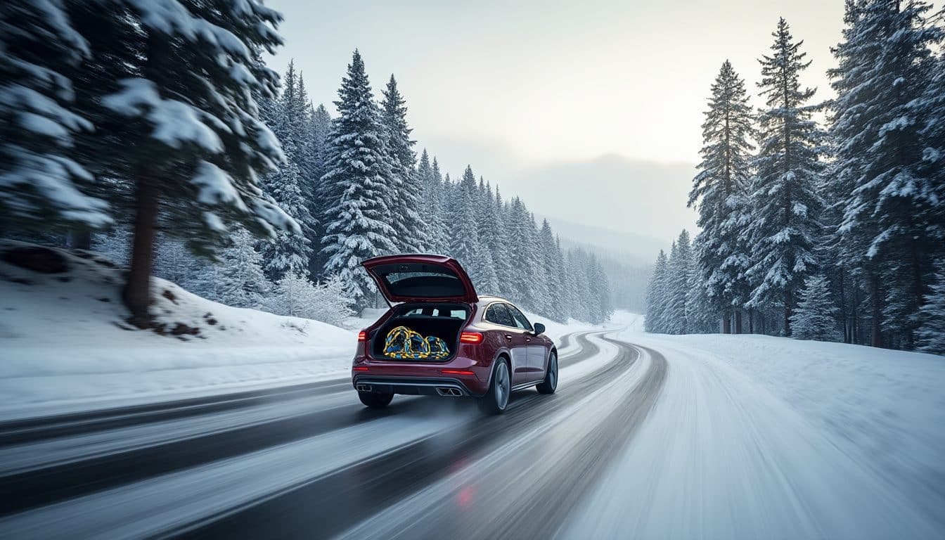 Voiture sur une route enneigée des Vosges mosellanes, en forêt, en hiver