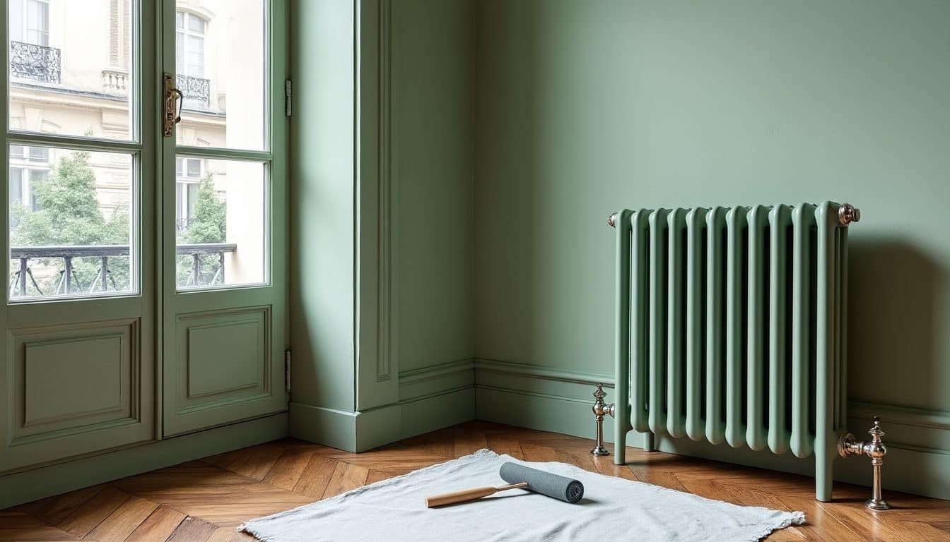 Radiateur en fonte peint du même vert que le mur sous une grande fenêtre
