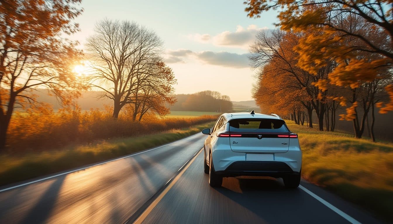 Voiture électrique neuve roulant sur une petite route de campagne mouillée au lever du jour
