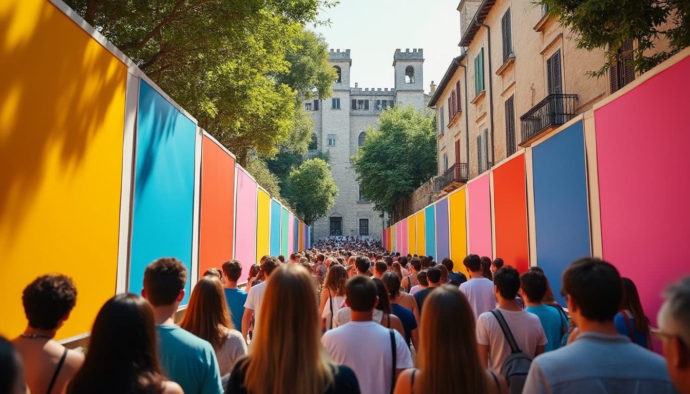 Festivaliers de dos dans une rue d'Avignon couverte d'affiches de spectacles en juillet