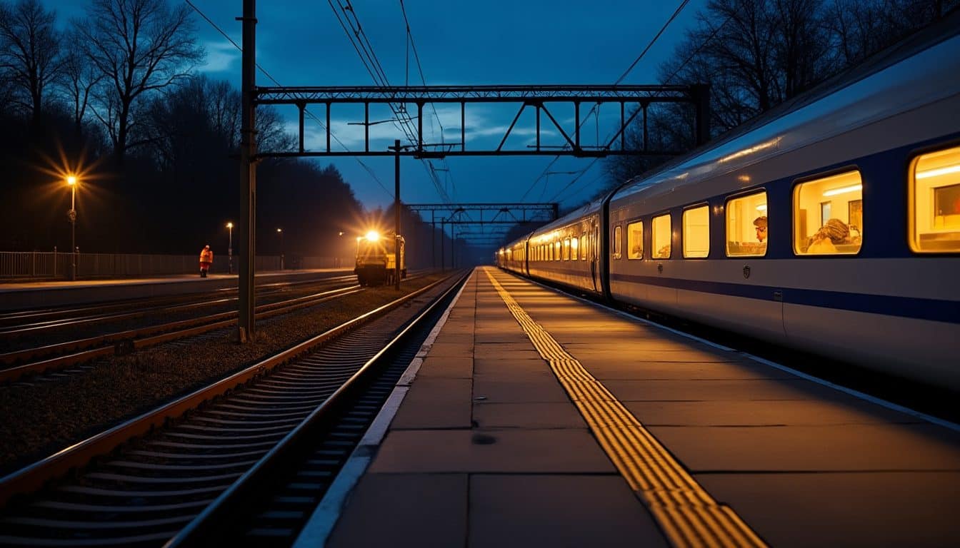 Train de nuit à l'arrêt en gare la nuit, équipe de travaux sur la voie voisine