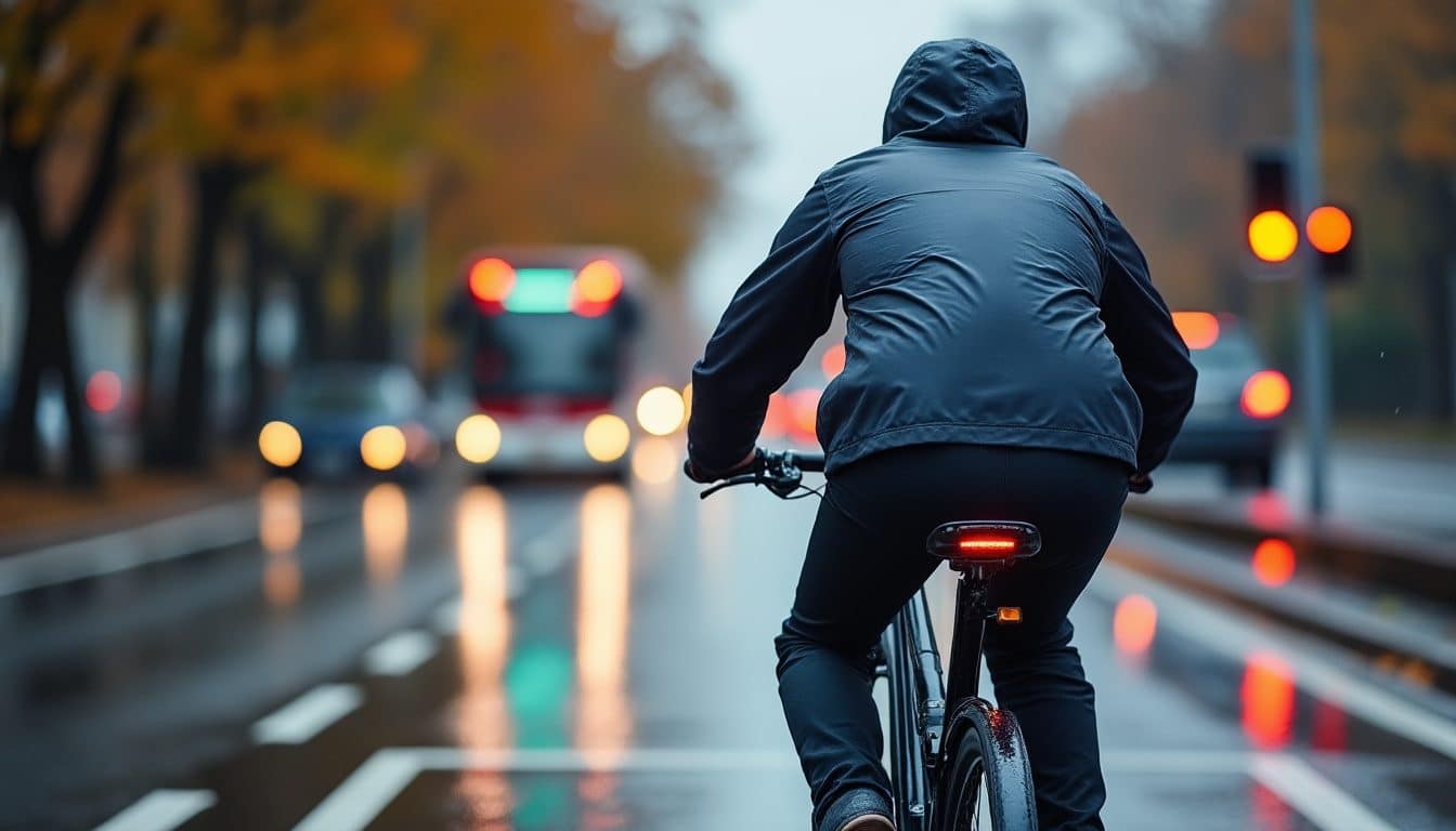Cycliste de dos sur un vélo électrique, sur une piste cyclable mouillée un matin de pluie