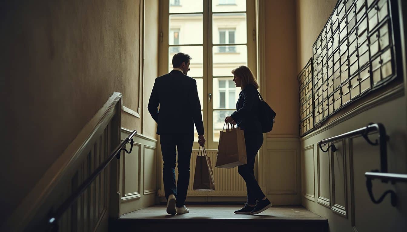 Deux voisins se croisent sur le palier d'un immeuble ancien près des boîtes aux lettres