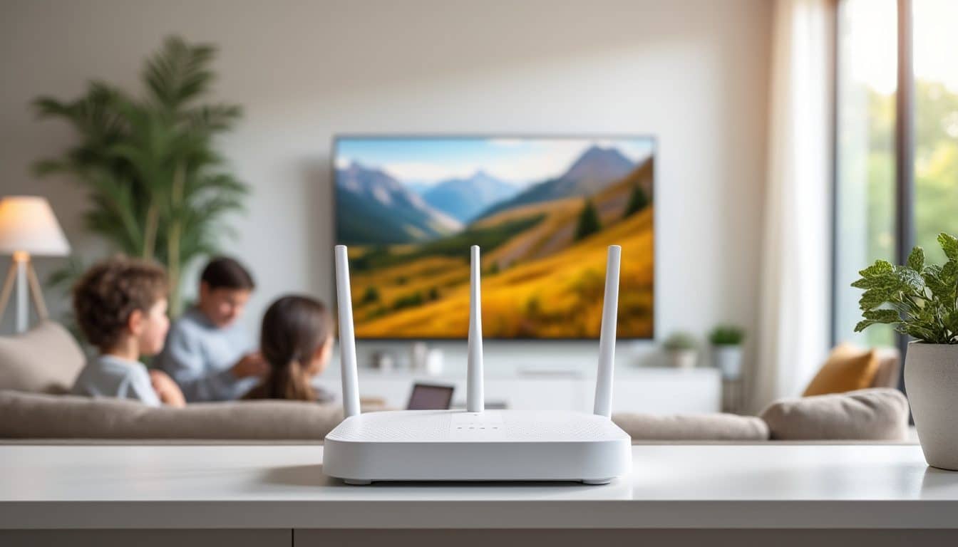 Box internet posée en hauteur dans un salon, famille de dos avec ordinateur et tablette